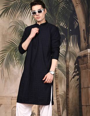 Black silk blend embroidered kurta pajama for mens 1