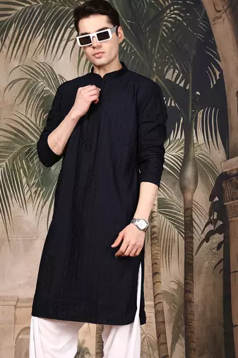 Black silk blend embroidered kurta pajama for mens