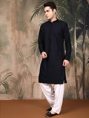 Black silk blend embroidered kurta pajama for mens 2