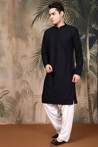 Black silk blend embroidered kurta pajama for mens