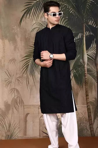 Black silk blend embroidered kurta pajama for mens