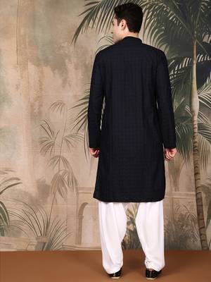 Black silk blend embroidered kurta pajama for mens 4