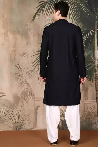 Black silk blend embroidered kurta pajama for mens