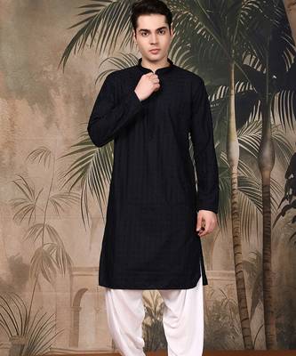 Black silk blend embroidered kurta pajama for mens 5