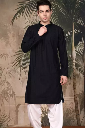 Black silk blend embroidered kurta pajama for mens