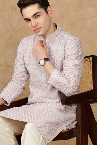 Mauve silk blend embroidered kurta pajama for mens