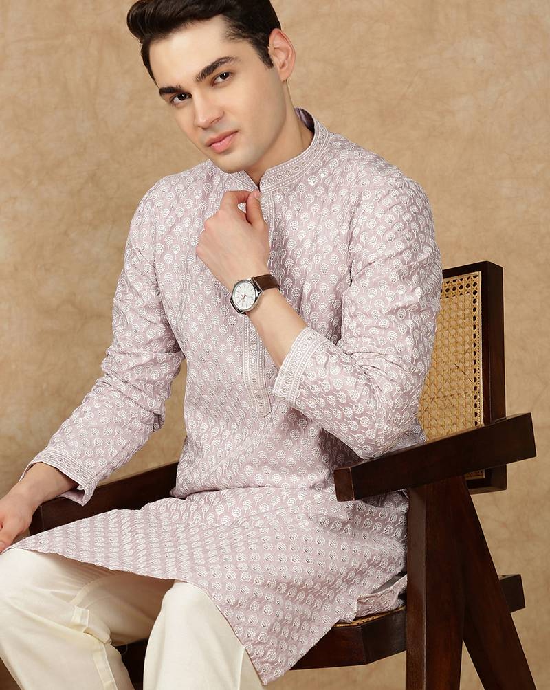 Mauve silk blend embroidered kurta pajama for mens