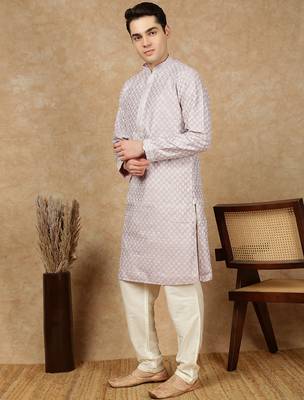 Mauve silk blend embroidered kurta pajama for mens 2