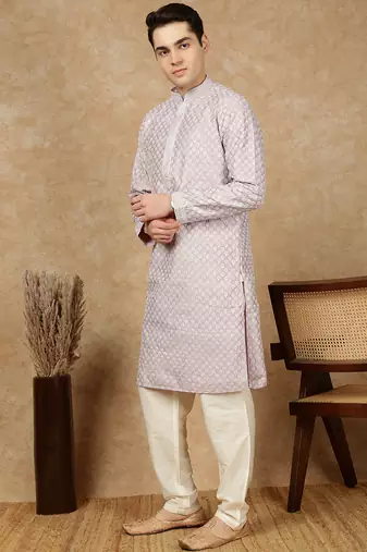 Mauve silk blend embroidered kurta pajama for mens