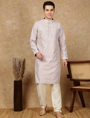 Mauve silk blend embroidered kurta pajama for mens 3
