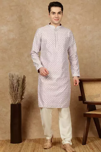 Mauve silk blend embroidered kurta pajama for mens
