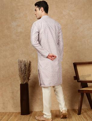 Mauve silk blend embroidered kurta pajama for mens 4