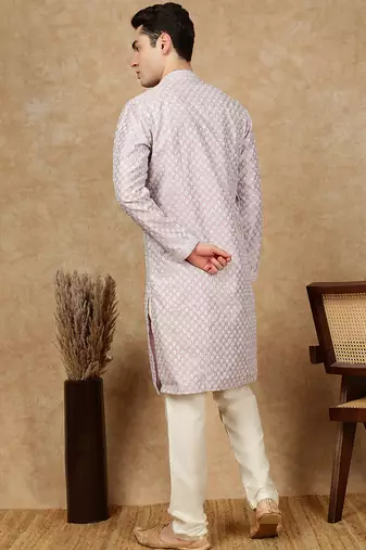 Mauve silk blend embroidered kurta pajama for mens