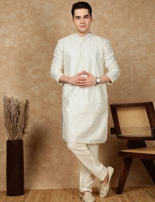 Off white silk blend embroidered kurta pajama for mens 1