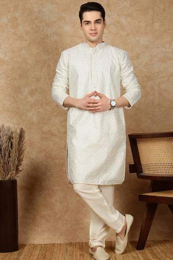 Off white silk blend embroidered kurta pajama for mens