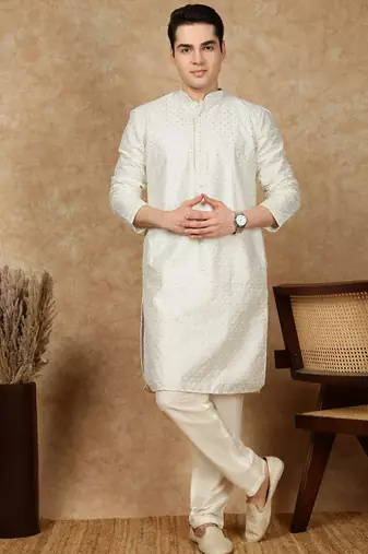 Off white silk blend embroidered kurta pajama for mens