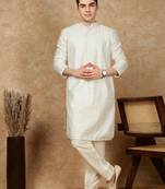 Off white silk blend embroidered kurta pajama for mens