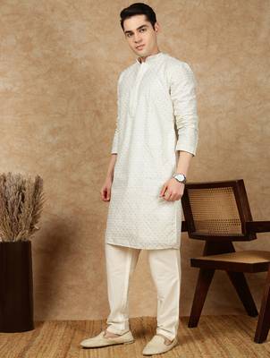 Off white silk blend embroidered kurta pajama for mens 2