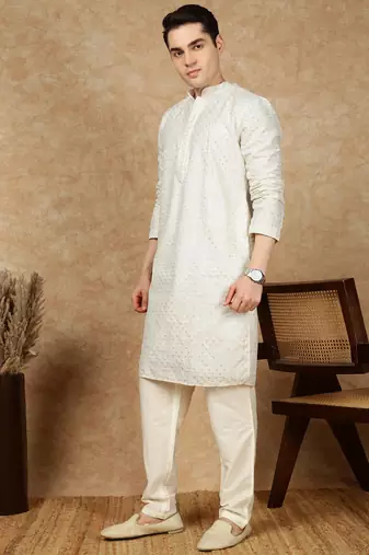 Off white silk blend embroidered kurta pajama for mens