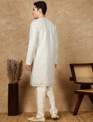 Off white silk blend embroidered kurta pajama for mens 4