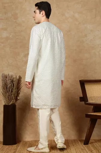 Off white silk blend embroidered kurta pajama for mens