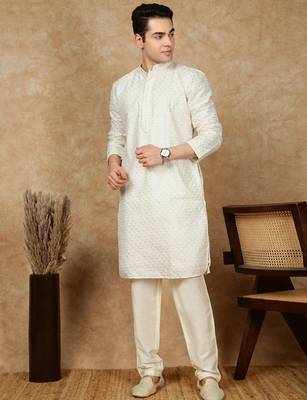 Off white silk blend embroidered kurta pajama for mens 5