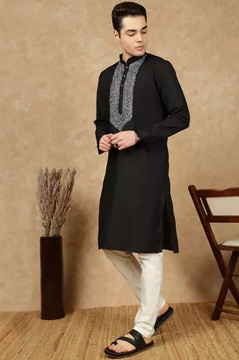 Black cotton embroidered kurta pajama for mens