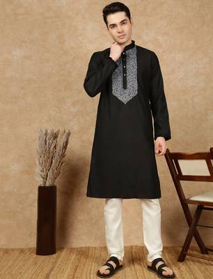 Black cotton embroidered kurta pajama for mens 3