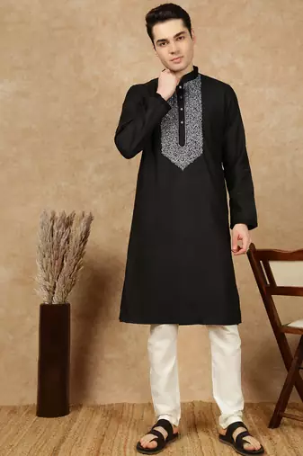 Black cotton embroidered kurta pajama for mens