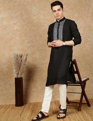 Black cotton embroidered kurta pajama for mens 5