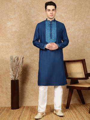 Blue cotton embroidered kurta pajama for mens 1