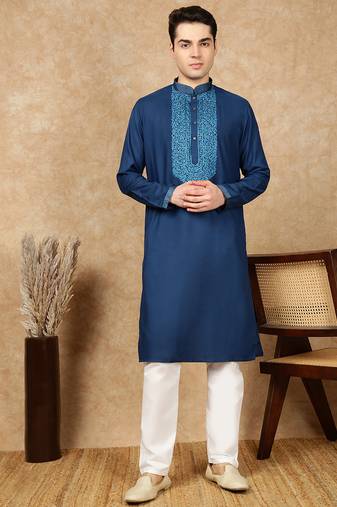 Blue cotton embroidered kurta pajama for mens