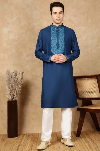 Blue cotton embroidered kurta pajama for mens