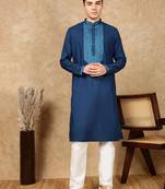 Blue cotton embroidered kurta pajama for mens