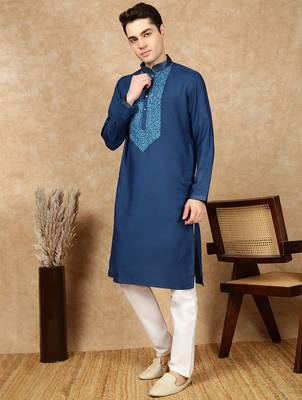 Blue cotton embroidered kurta pajama for mens 2