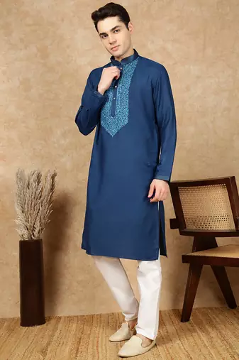 Blue cotton embroidered kurta pajama for mens