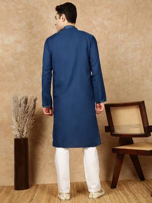 Blue cotton embroidered kurta pajama for mens 4