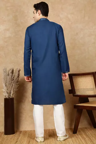 Blue cotton embroidered kurta pajama for mens