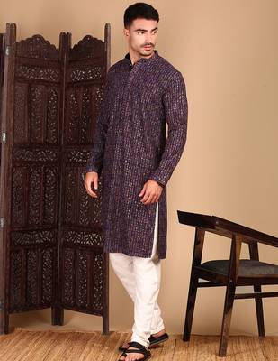Maroon cotton sequins kurta pajama for mens 2