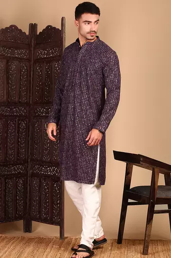 Maroon cotton sequins kurta pajama for mens