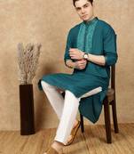 Firozi cotton embroidered kurta pajama for mens