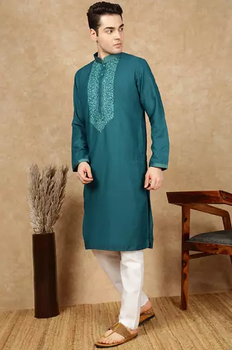 Firozi cotton embroidered kurta pajama for mens