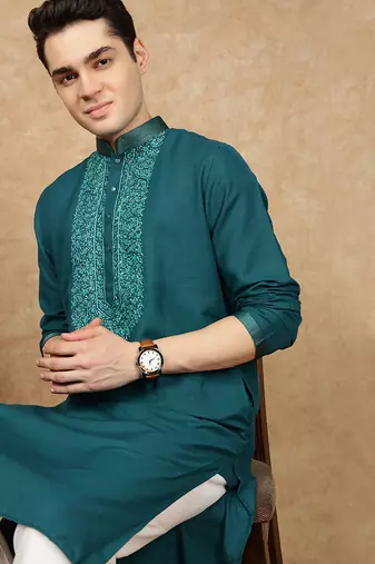 Firozi cotton embroidered kurta pajama for mens