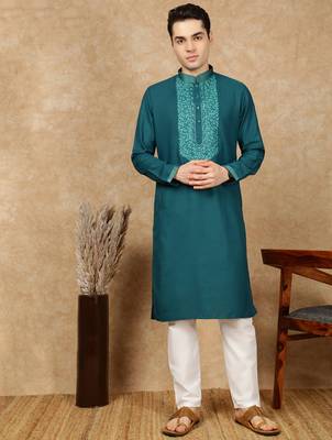 Firozi cotton embroidered kurta pajama for mens 5
