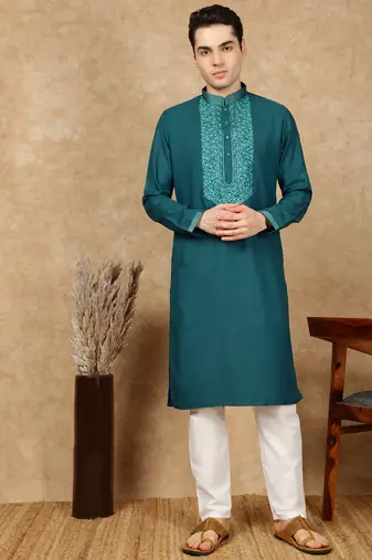 Firozi cotton embroidered kurta pajama for mens