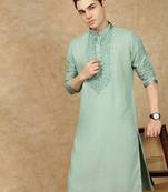 Green cotton embroidered kurta pajama for mens