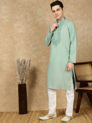 Green cotton embroidered kurta pajama for mens 2