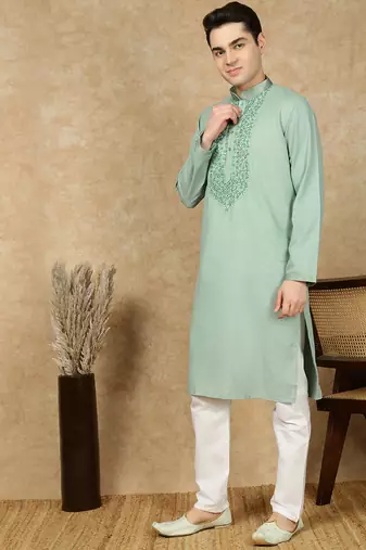 Green cotton embroidered kurta pajama for mens