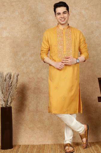 Mustard cotton embroidered kurta pajama for mens