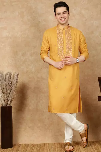 Mustard cotton embroidered kurta pajama for mens